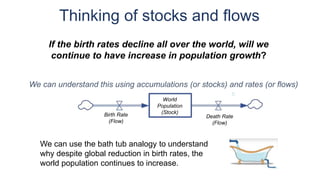 Thinking of stocks and flows
If the birth rates decline all over the world, will we
continue to have increase in population growth?
We can use the bath tub analogy to understand
why despite global reduction in birth rates, the
world population continues to increase.
We can understand this using accumulations (or stocks) and rates (or flows)
World
Population
(Stock)Birth Rate
(Flow)
Death Rate
(Flow)
 
