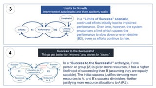 In a “Success to the Successful” archetype, if one
person or group (A) is given more resources, it has a higher
likelihood of succeeding than B (assuming they are equally
capable). The initial success justifies devoting more
resources to A, and B’s success diminishes, further
justifying more resource allocations to A (R2).
Success to the Successful
Things get better for “winners” and worse for “losers”
In a “Limits of Success” scenario,
continued efforts initially lead to improved
performance. Over time, however, the system
encounters a limit which causes the
performance to slow down or even decline
(B2), even as efforts continue to rise.
Limits to Growth
Improvement accelerates and then suddenly stalls
3
4
Virtuous
cycle
Vicious
cycle
 