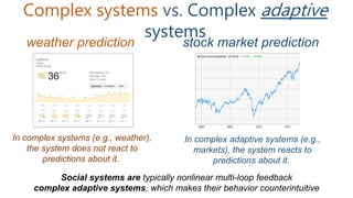 Complex systems vs. Complex adaptive
systems
weather prediction
In complex systems (e.g., weather),
the system does not react to
predictions about it.
stock market prediction
In complex adaptive systems (e.g.,
markets), the system reacts to
predictions about it.
Social systems are typically nonlinear multi-loop feedback
complex adaptive systems, which makes their behavior counterintuitive
 