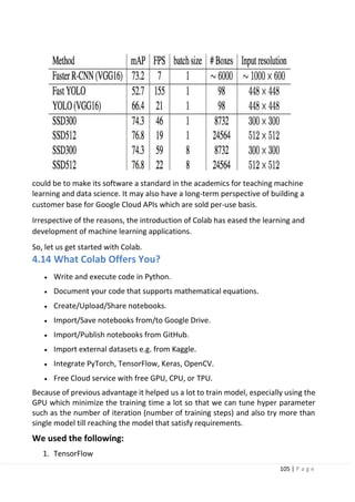 105 | P a g e
could be to make its software a standard in the academics for teaching machine
learning and data science. It may also have a long-term perspective of building a
customer base for Google Cloud APIs which are sold per-use basis.
Irrespective of the reasons, the introduction of Colab has eased the learning and
development of machine learning applications.
So, let us get started with Colab.
4.14 What Colab Offers You?
• Write and execute code in Python.
• Document your code that supports mathematical equations.
• Create/Upload/Share notebooks.
• Import/Save notebooks from/to Google Drive.
• Import/Publish notebooks from GitHub.
• Import external datasets e.g. from Kaggle.
• Integrate PyTorch, TensorFlow, Keras, OpenCV.
• Free Cloud service with free GPU, CPU, or TPU.
Because of previous advantage it helped us a lot to train model, especially using the
GPU which minimize the training time a lot so that we can tune hyper parameter
such as the number of iteration (number of training steps) and also try more than
single model till reaching the model that satisfy requirements.
We used the following:
1. TensorFlow
 