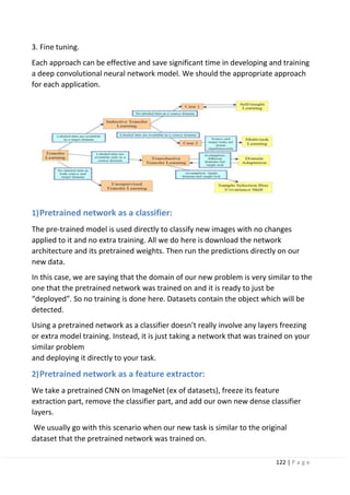 122 | P a g e
3. Fine tuning.
Each approach can be effective and save significant time in developing and training
a deep convolutional neural network model. We should the appropriate approach
for each application.
1)Pretrained network as a classifier:
The pre-trained model is used directly to classify new images with no changes
applied to it and no extra training. All we do here is download the network
architecture and its pretrained weights. Then run the predictions directly on our
new data.
In this case, we are saying that the domain of our new problem is very similar to the
one that the pretrained network was trained on and it is ready to just be
“deployed”. So no training is done here. Datasets contain the object which will be
detected.
Using a pretrained network as a classifier doesn’t really involve any layers freezing
or extra model training. Instead, it is just taking a network that was trained on your
similar problem
and deploying it directly to your task.
2)Pretrained network as a feature extractor:
We take a pretrained CNN on ImageNet (ex of datasets), freeze its feature
extraction part, remove the classifier part, and add our own new dense classifier
layers.
We usually go with this scenario when our new task is similar to the original
dataset that the pretrained network was trained on.
 