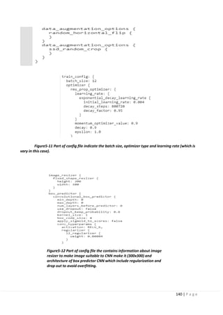 140 | P a g e
Figure5-11 Part of config file indicate the batch size, optimizer type and learning rate (which is
vary in this case).
Figure5-12 Part of config file the contains information about image
resizer to make image suitable to CNN make it (300x300) and
architecture of box predictor CNN which include regularization and
drop out to avoid overfitting.
 