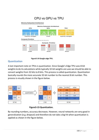 150 | P a g e
Figure5-14 Google edge TPU.
Quantization
A last important note on TPUs is quantization. Since Google’s Edge TPU uses 8-bit
weights to do its calculations while typically 32-bit weights are uses we should be able to
convert weights from 32 bits to 8 bits. This process is called quantization. Quantization
basically rounds the more accurate 32-bit number to the nearest 8-bit number. This
process is visually shown in the figure below.
Figure5-15 Quantization.
By rounding numbers, accuracy decreases. However, neural networks are very good in
generalization (e.g. dropout) and therefore do not take a big hit when quantization is
applied as shown in the figure below.
 