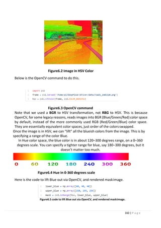 160 | P a g e
Figure6.2 Image in HSV Color
Below is the OpenCV command to do this.
Figure6.3 OpenCV command
Note that we used a BGR to HSV transformation, not RBG to HSV. This is because
OpenCV, for some legacy reasons, reads images into BGR (Blue/Green/Red) color space
by default, instead of the more commonly used RGB (Red/Green/Blue) color space.
They are essentially equivalent color spaces, just order of the colors swapped.
Once the image is in HSV, we can “lift” all the blueish colors from the image. This is by
specifying a range of the color Blue.
In Hue color space, the blue color is in about 120–300 degrees range, on a 0–360
degrees scale. You can specify a tighter range for blue, say 180–300 degrees, but it
doesn’t matter too much.
Figure6.4 Hue in 0-360 degrees scale
Here is the code to lift Blue out via OpenCV, and rendered maskimage.
Figure6.5 code to lift Blue out via OpenCV, and rendered maskimage.
 