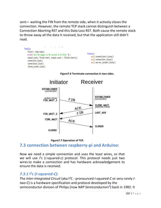 182 | P a g e
sent— waiting the FIN from the remote side, when it actively closes the
connection. However, the remote TCP stack cannot distinguish between a
Connection Aborting RST and this Data Loss RST. Both cause the remote stack
to throw away all the data it received, but that the application still didn’t
read.
Figure7.6 Terminate connection in two sides.
Figure7.7 Operation of TCP.
7.3 connection between raspberry-pi and Arduino:
Now we need a simple connection and uses the least wires, so that
we will use i2
c (i-squared-c) protocol. This protocol needs just two
wires to make a connection and has hardware acknowledgement to
ensure the data is received.
7.3.1 I2
c (I-squared-C):
The Inter-Integrated Circuit (aka I²C - pronounced I-squared-C or very rarely I-
two-C) is a hardware specification and protocol developed by the
semiconductor division of Philips (now NXP Semiconductors³) back in 1982. It
 