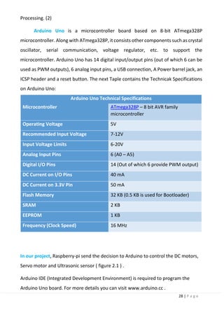 28 | P a g e
Processing. (2)
Arduino Uno is a microcontroller board based on 8-bit ATmega328P
microcontroller. Along with ATmega328P, it consists other components such as crystal
oscillator, serial communication, voltage regulator, etc. to support the
microcontroller. Arduino Uno has 14 digital input/output pins (out of which 6 can be
used as PWM outputs), 6 analog input pins, a USB connection, A Power barrel jack, an
ICSP header and a reset button. The next Taple contains the Technicak Specifications
on Arduino Uno:
Arduino Uno Technical Specifications
Microcontroller ATmega328P – 8 bit AVR family
microcontroller
Operating Voltage 5V
Recommended Input Voltage 7-12V
Input Voltage Limits 6-20V
Analog Input Pins 6 (A0 – A5)
Digital I/O Pins 14 (Out of which 6 provide PWM output)
DC Current on I/O Pins 40 mA
DC Current on 3.3V Pin 50 mA
Flash Memory 32 KB (0.5 KB is used for Bootloader)
SRAM 2 KB
EEPROM 1 KB
Frequency (Clock Speed) 16 MHz
In our project, Raspberry-pi send the decision to Arduino to control the DC motors,
Servo motor and Ultrasonic sensor ( figure 2.1 ) .
Arduino IDE (Integrated Development Environment) is required to program the
Arduino Uno board. For more details you can visit www.arduino.cc .
 