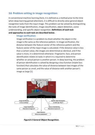 53 | P a g e
3.6 Problem setting in image recognition:
In conventional machine learning (here, it is defined as a method prior to the time
when deep learning gained attention), it is difficult to directly solve general object
recognition tasks from the input image. This problem can be solved by distinguishing
the tasks of image identification, image classification, object detection, scene
understanding, and specific object recognition. Definitions of each task
and approaches to each task are described below.
Image verification:
Image verification is a problem to check whether the object in the
image is the same as the reference pattern. In image verification, the
distance between the feature vector of the reference pattern and the
feature vector of the input image is calculated. If the distance value is less
than a certain value, the images are determined as identical, and if the
value is more, it is determined otherwise. Fingerprint, face, and person
identification relates to tasks in which it is required to determine
whether an actual person is another person. In deep learning, the problem
of person identification is solved by designing a loss function (triplet loss
function) that calculates the value of distance between two images of the
same person as small, and the value of distance with another person's
image as large [1].
Figure3-2 General Object Recognition.
 