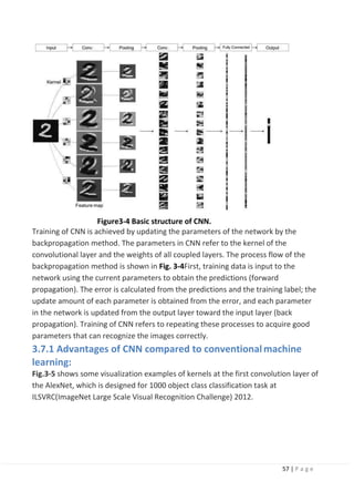57 | P a g e
Figure3-4 Basic structure of CNN.
Training of CNN is achieved by updating the parameters of the network by the
backpropagation method. The parameters in CNN refer to the kernel of the
convolutional layer and the weights of all coupled layers. The process flow of the
backpropagation method is shown in Fig. 3-4First, training data is input to the
network using the current parameters to obtain the predictions (forward
propagation). The error is calculated from the predictions and the training label; the
update amount of each parameter is obtained from the error, and each parameter
in the network is updated from the output layer toward the input layer (back
propagation). Training of CNN refers to repeating these processes to acquire good
parameters that can recognize the images correctly.
3.7.1 Advantages of CNN compared to conventionalmachine
learning:
Fig.3-5 shows some visualization examples of kernels at the first convolution layer of
the AlexNet, which is designed for 1000 object class classification task at
ILSVRC(ImageNet Large Scale Visual Recognition Challenge) 2012.
 