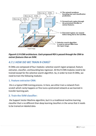 83 | P a g e
Figure4-11 R-CNN architecture. Each proposed ROI is passed through the CNN to
extract features then an SVM.
4.7.1 HOW DO WE TRAIN R-CNNS?
R-CNNs are composed of four modules: selective search region proposal, feature
extractor, classifier, and bounding box regressor. All the R-CNN modules need to be
trained except for the selective search algorithm. So, in order to train R-CNNs, we
need to train the following modules:
1. Feature extractor CNN:
this is a typical CNN training process. In here, we either train a network from
scratch which rarely happens or fine-tune a pretrained network as we learned in
transfer learning part.
2. Train the SVM classifier:
the Support Vector Machine algorithm, but it is a traditional machine learning
classifier that is no different than deep learning classifiers in the sense that it needs
to be trained on labeled data.
 
