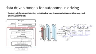 data driven models for autonomous driving
• Control: reinforcement learning, imitation learning, inverse reinforcement learning, and
planning-control etc.
 