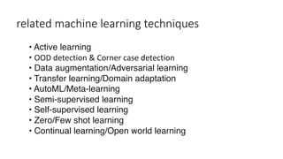 related machine learning techniques
• Active learning
• OOD detection & Corner case detection
• Data augmentation/Adversarial learning
• Transfer learning/Domain adaptation
• AutoML/Meta-learning
• Semi-supervised learning
• Self-supervised learning
• Zero/Few shot learning
• Continual learning/Open world learning
 