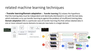 related machine learning techniques
• Transfer learning/Domain adaptation： Transfer learning (TL) relaxes the hypothesis
that the training data must be independent and identically distributed (i.i.d.) with the test data,
which motivates us to use transfer learning to against the problem of insufficient training data;
Domain adaptation (DA) is a particular case of transfer learning (TL) that utilizes labeled data in
one or more relevant source domains to execute new tasks in a target domain.
 