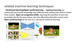 related machine learning techniques
• Continual learning/Open world learning： Continual learning can
continually accumulate knowledge over different tasks without the need to retrain
from scratch; Open set recognition (OSR), requiring the classifiers to not only
accurately classify the seen classes, but also effectively deal with unseen ones;
Open world learning can be seen as a sub task of continual learning.
 