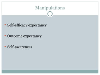 Manipulations Self-efficacy expectancy Outcome expectancy Self-awareness 
