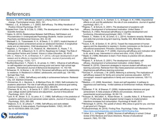 27
References
1 Bandura, A. (1977). Self-efficacy: toward a unifying theory of behavioral
change. Psychological review, 84(2), 191.
2 Maddux, J. E., & Gosselin, J. T. (2003). Self-efficacy. The Wiley Handbook of
Positive Clinical Psychology, 89-101.
3Adapted from: Cole, M. & Cole, S. (1996). The development of children. New York:
Scientific American.
4 Hajloo, N. (2014). Relationships Between Self-Efficacy, Self-Esteem and
Procrastination in Undergraduate Psychology Students. Iranian Journal of
Psychiatry and Behavioral Sciences, 8(3), 42–49.
5 Blackwell, L. S., Trzesniewski, K. H., & Dweck, C. S. (2007). Implicit theories of
intelligence predict achievement across an adolescent transition: A longitudinal
study and an intervention. Child development, 78(1), 246-263.
6 Nagaoka, J., Farrington, C. A., Roderick, M., Allensworth, E., Keyes, T. S.,
Johnson, D. W., & Beechum, N. O. (2013). Readiness for College: The Role of
Noncognitive Factors and Context. Voices in Urban Education, 38, 45-52.
7 Orth, U., Robins, R. W., & Widaman, K. F. (2012). Life-span development of self-
esteem and its effects on important life outcomes. Journal of personality and
social psychology, 102(6), 1271.
8 Bouffard-Bouchard, T., Parent, S., & Larivee, S. (1991). Influence of self-efficacy
on self-regulation and performance among junior and senior high-school age
students. International Journal of Behavioral Development, 14, 153-164.
9 Schwarzer, R., & Warner, L. M. (2013). Perceived self-efficacy and its relationship
to resilience. In Resilience in children, adolescents, and adults (pp. 139-150).
Springer New York.
10 Collins, J. L. (1984). Self-efficacy and ability in achievement behavior. Redwood
City, CA: Stanford University.
11 Zimmerman, B. J., Bandura, A., & Martinez-Pons, M. (1992). Self-motivation for
academic attainment: The role of self-efficacy beliefs and personal goal setting.
American Educational Research Journal, 29(3), 663-676.
12Chemers, M. M., Hu, L., & Garcia, B. F. (2001). Academic self-efficacy and first
year college student performance and adjustment. Journal of Educational
Psychology, 93(1), 55–64.
13Lent, R. W., Brown, S. D., & Larkin, K. C. (1986). Self-efficacy in the prediction of
academic performance and perceived career options. Journal of Counseling
Psychology, 33(3), 265–269.
14Stajkovic, A. D., & Luthans, F. (1998). Self-efficacy and work-related
performance: A meta-analysis. Psychological Bulletin, 124(2), 240–261.
doi:10.1037/0033-2909.124.2.240
15Judge, T. A., Locke, E. A., Durham, C. C., & Kluger, A. N. (1998). Dispositional
effects on job and life satisfaction: the role of core evaluations. Journal of applied
psychology, 83(1), 17.
16Pajares, F., & Schunk, D. (2001). The development of academic self-
efficacy. Development of achievement motivation. United States, 7.
17Bandura, A. (1993). Perceived self-efficacy in cognitive development and
functioning. Educational psychologist, 28(2), 117-148.
18Dweck, C., Walton, G. M., & Cohen, G. L. (2014). Academic tenacity: Mindsets
and skills that promote long-term learning. Seattle, WA: Bill & Melinda Gates
Foundation.
19Cauce, A. M., & Gordon, E. W. (2012). Toward the measurement of human
agency and the disposition to express it. Gordon commission on the future of
educational assessment, Princeton, Educational Testing Service.
20Margolis, H., & McCabe, P. P. (2006). Improving self-efficacy and motivation what
to do, what to say. Intervention in school and clinic, 41(4), 218-227.
21Stipek, D. (1998). Motivation to learn: From theory to practice (3rd ed.).Boston:
Allyn & Bacon
22Pajares, F., & Schunk, D. (2001). The development of academic self-
efficacy. Development of achievement motivation. United States, 7.
23Haskell, N. (2016). Classroom strategies to improve student self-efficacy and
learning outcomes. Retrieved from http://www.pearsoned.com/education-
blog/improve-self-efficacy-learning-outcomes/
24Schulze, P., & Schulze, J. M. (2003). Believing is achieving: The implications of
self-efficacy research for family and consumer sciences education. AAFCS
monograph: research applications in family and consumer sciences, 105-113.
Chicago
25Maddux, J. E. (2006, November). Goals and self-regulation: A pathway to
happiness and well-being. Invited address at Smithsonian Institute, Washington,
DC.
26Gollwitzer, P. M., & Sheeran, P. (2006). Implementation intentions and goal
achievement: A meta‐analysis of effects and processes. Advances in
experimental social psychology, 38, 69-119.
27Knauper, B., McCollam, A., Rosen-Brown, A., Lacaille, Kelso, E., & Roseman, M.
(2011). Fruitful plans: Adding targeted mental imagery to implementation
intentions increases fruit consumption. Psychology & Health, 2011
28 McGonigal, K. (2016). The upside of stress: Why stress is good for you, and how
to get good at it. Penguin.
29Csikszentmihalyi, M. (2016). Finding Flow. Psychology Today. Retrieved from
https://www.psychologytoday.com/articles/199707/finding-flow.
30 Usher, E. L., & Pajares, F. (2008). Sources of self-efficacy in school: Critical
review of the literature and future directions. Review of educational
research, 78(4), 751-796.
 