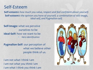 Self-Esteem
Self-esteemis how much you value, respect and feel confident about yourself.
 Self-esteemis the opinion you have of yourself. a combination of self-image,
                        ideal-self, and Pygmalion-self.

Self-Image: what we perceive
             ourselves to be
Ideal-Self: how we want to be
            •   Hero identification


Pygmalion-Self: our perception of
               what we believe other
               people think of us.

I am not what I think I am
I am not what you think I am
I am what I think you think I am
 