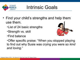 Intrinsic Goals

    • Find your child’s strengths and help them
      use them.
            
             List of 24 basic strengths
            
             Strength vs. skill
            
             Find balance
            
             Offer specific praise: “When you stopped playing
            to find out why Susie was crying you were so kind
            and loving.”

Seligman, Martin (1995). The Optimistic Child. New York, NY: Harper Collins.
 