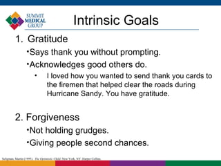 Intrinsic Goals
          1. Gratitude
                  
                     Says thank you without prompting.
                  
                     Acknowledges good others do.
                        •         I loved how you wanted to send thank you cards to
                                  the firemen that helped clear the roads during
                                  Hurricane Sandy. You have gratitude.


          2. Forgiveness
                  
                     Not holding grudges.
                  
                     Giving people second chances.
Seligman, Martin (1995). The Optimistic Child. New York, NY: Harper Collins.
 