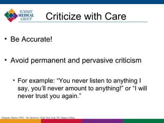 Criticize with Care

  • Be Accurate!

  • Avoid permanent and pervasive criticism

           
                For example: “You never listen to anything I
                say, you’ll never amount to anything!” or “I will
                never trust you again.”


Seligman, Martin (1995). The Optimistic Child. New York, NY: Harper Collins.
 