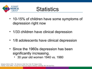 Statistics
              • 10-15% of children have some symptoms of
                depression right now

              • 1/33 children have clinical depression

              • 1/8 adolescents have clinical depression

              • Since the 1960s depression has been
                significantly increasing.
                       • 30 year old women 1940 vs. 1980

Seligman, Martin (1995). The Optimistic Child. New York, NY: Harper Collins.
Chansky, Tamar (2008). Freeing Your Child From Negative Thinking. Cambridge, MA: Da Capo Press.
 