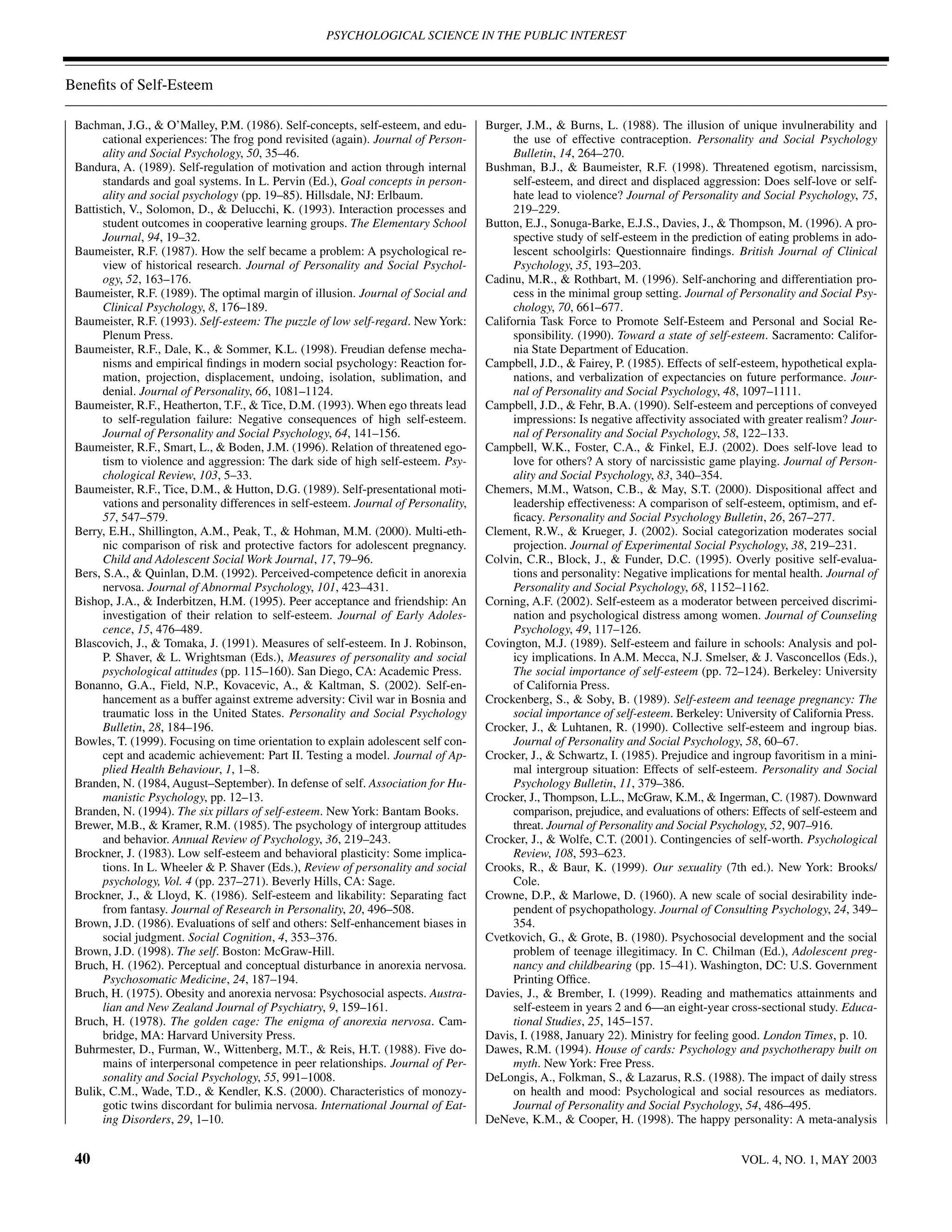 PSYCHOLOGICAL SCIENCE IN THE PUBLIC INTEREST



Beneﬁts of Self-Esteem

 Bachman, J.G., & O’Malley, P.M. (1986). Self-concepts, self-esteem, and edu-        Burger, J.M., & Burns, L. (1988). The illusion of unique invulnerability and
       cational experiences: The frog pond revisited (again). Journal of Person-           the use of effective contraception. Personality and Social Psychology
       ality and Social Psychology, 50, 35–46.                                             Bulletin, 14, 264–270.
 Bandura, A. (1989). Self-regulation of motivation and action through internal       Bushman, B.J., & Baumeister, R.F. (1998). Threatened egotism, narcissism,
       standards and goal systems. In L. Pervin (Ed.), Goal concepts in person-            self-esteem, and direct and displaced aggression: Does self-love or self-
       ality and social psychology (pp. 19–85). Hillsdale, NJ: Erlbaum.                    hate lead to violence? Journal of Personality and Social Psychology, 75,
 Battistich, V., Solomon, D., & Delucchi, K. (1993). Interaction processes and             219–229.
       student outcomes in cooperative learning groups. The Elementary School        Button, E.J., Sonuga-Barke, E.J.S., Davies, J., & Thompson, M. (1996). A pro-
       Journal, 94, 19–32.                                                                 spective study of self-esteem in the prediction of eating problems in ado-
 Baumeister, R.F. (1987). How the self became a problem: A psychological re-               lescent schoolgirls: Questionnaire ﬁndings. British Journal of Clinical
       view of historical research. Journal of Personality and Social Psychol-             Psychology, 35, 193–203.
       ogy, 52, 163–176.                                                             Cadinu, M.R., & Rothbart, M. (1996). Self-anchoring and differentiation pro-
 Baumeister, R.F. (1989). The optimal margin of illusion. Journal of Social and            cess in the minimal group setting. Journal of Personality and Social Psy-
       Clinical Psychology, 8, 176–189.                                                    chology, 70, 661–677.
 Baumeister, R.F. (1993). Self-esteem: The puzzle of low self-regard. New York:      California Task Force to Promote Self-Esteem and Personal and Social Re-
       Plenum Press.                                                                       sponsibility. (1990). Toward a state of self-esteem. Sacramento: Califor-
 Baumeister, R.F., Dale, K., & Sommer, K.L. (1998). Freudian defense mecha-                nia State Department of Education.
       nisms and empirical ﬁndings in modern social psychology: Reaction for-        Campbell, J.D., & Fairey, P. (1985). Effects of self-esteem, hypothetical expla-
       mation, projection, displacement, undoing, isolation, sublimation, and              nations, and verbalization of expectancies on future performance. Jour-
       denial. Journal of Personality, 66, 1081–1124.                                      nal of Personality and Social Psychology, 48, 1097–1111.
 Baumeister, R.F., Heatherton, T.F., & Tice, D.M. (1993). When ego threats lead      Campbell, J.D., & Fehr, B.A. (1990). Self-esteem and perceptions of conveyed
       to self-regulation failure: Negative consequences of high self-esteem.              impressions: Is negative affectivity associated with greater realism? Jour-
       Journal of Personality and Social Psychology, 64, 141–156.                          nal of Personality and Social Psychology, 58, 122–133.
 Baumeister, R.F., Smart, L., & Boden, J.M. (1996). Relation of threatened ego-      Campbell, W.K., Foster, C.A., & Finkel, E.J. (2002). Does self-love lead to
       tism to violence and aggression: The dark side of high self-esteem. Psy-            love for others? A story of narcissistic game playing. Journal of Person-
       chological Review, 103, 5–33.                                                       ality and Social Psychology, 83, 340–354.
 Baumeister, R.F., Tice, D.M., & Hutton, D.G. (1989). Self-presentational moti-      Chemers, M.M., Watson, C.B., & May, S.T. (2000). Dispositional affect and
       vations and personality differences in self-esteem. Journal of Personality,         leadership effectiveness: A comparison of self-esteem, optimism, and ef-
       57, 547–579.                                                                        ﬁcacy. Personality and Social Psychology Bulletin, 26, 267–277.
 Berry, E.H., Shillington, A.M., Peak, T., & Hohman, M.M. (2000). Multi-eth-         Clement, R.W., & Krueger, J. (2002). Social categorization moderates social
       nic comparison of risk and protective factors for adolescent pregnancy.            projection. Journal of Experimental Social Psychology, 38, 219–231.
       Child and Adolescent Social Work Journal, 17, 79–96.                          Colvin, C.R., Block, J., & Funder, D.C. (1995). Overly positive self-evalua-
 Bers, S.A., & Quinlan, D.M. (1992). Perceived-competence deﬁcit in anorexia              tions and personality: Negative implications for mental health. Journal of
       nervosa. Journal of Abnormal Psychology, 101, 423–431.                             Personality and Social Psychology, 68, 1152–1162.
 Bishop, J.A., & Inderbitzen, H.M. (1995). Peer acceptance and friendship: An        Corning, A.F. (2002). Self-esteem as a moderator between perceived discrimi-
       investigation of their relation to self-esteem. Journal of Early Adoles-            nation and psychological distress among women. Journal of Counseling
       cence, 15, 476–489.                                                                 Psychology, 49, 117–126.
 Blascovich, J., & Tomaka, J. (1991). Measures of self-esteem. In J. Robinson,       Covington, M.J. (1989). Self-esteem and failure in schools: Analysis and pol-
       P. Shaver, & L. Wrightsman (Eds.), Measures of personality and social               icy implications. In A.M. Mecca, N.J. Smelser, & J. Vasconcellos (Eds.),
       psychological attitudes (pp. 115–160). San Diego, CA: Academic Press.               The social importance of self-esteem (pp. 72–124). Berkeley: University
 Bonanno, G.A., Field, N.P., Kovacevic, A., & Kaltman, S. (2002). Self-en-                 of California Press.
       hancement as a buffer against extreme adversity: Civil war in Bosnia and      Crockenberg, S., & Soby, B. (1989). Self-esteem and teenage pregnancy: The
       traumatic loss in the United States. Personality and Social Psychology              social importance of self-esteem. Berkeley: University of California Press.
       Bulletin, 28, 184–196.                                                        Crocker, J., & Luhtanen, R. (1990). Collective self-esteem and ingroup bias.
 Bowles, T. (1999). Focusing on time orientation to explain adolescent self con-          Journal of Personality and Social Psychology, 58, 60–67.
       cept and academic achievement: Part II. Testing a model. Journal of Ap-       Crocker, J., & Schwartz, I. (1985). Prejudice and ingroup favoritism in a mini-
       plied Health Behaviour, 1, 1–8.                                                     mal intergroup situation: Effects of self-esteem. Personality and Social
 Branden, N. (1984, August–September). In defense of self. Association for Hu-             Psychology Bulletin, 11, 379–386.
       manistic Psychology, pp. 12–13.                                               Crocker, J., Thompson, L.L., McGraw, K.M., & Ingerman, C. (1987). Downward
 Branden, N. (1994). The six pillars of self-esteem. New York: Bantam Books.               comparison, prejudice, and evaluations of others: Effects of self-esteem and
 Brewer, M.B., & Kramer, R.M. (1985). The psychology of intergroup attitudes               threat. Journal of Personality and Social Psychology, 52, 907–916.
       and behavior. Annual Review of Psychology, 36, 219–243.                       Crocker, J., & Wolfe, C.T. (2001). Contingencies of self-worth. Psychological
 Brockner, J. (1983). Low self-esteem and behavioral plasticity: Some implica-            Review, 108, 593–623.
       tions. In L. Wheeler & P. Shaver (Eds.), Review of personality and social     Crooks, R., & Baur, K. (1999). Our sexuality (7th ed.). New York: Brooks/
       psychology, Vol. 4 (pp. 237–271). Beverly Hills, CA: Sage.                         Cole.
 Brockner, J., & Lloyd, K. (1986). Self-esteem and likability: Separating fact       Crowne, D.P., & Marlowe, D. (1960). A new scale of social desirability inde-
       from fantasy. Journal of Research in Personality, 20, 496–508.                     pendent of psychopathology. Journal of Consulting Psychology, 24, 349–
 Brown, J.D. (1986). Evaluations of self and others: Self-enhancement biases in           354.
       social judgment. Social Cognition, 4, 353–376.                                Cvetkovich, G., & Grote, B. (1980). Psychosocial development and the social
 Brown, J.D. (1998). The self. Boston: McGraw-Hill.                                       problem of teenage illegitimacy. In C. Chilman (Ed.), Adolescent preg-
 Bruch, H. (1962). Perceptual and conceptual disturbance in anorexia nervosa.             nancy and childbearing (pp. 15–41). Washington, DC: U.S. Government
       Psychosomatic Medicine, 24, 187–194.                                               Printing Ofﬁce.
 Bruch, H. (1975). Obesity and anorexia nervosa: Psychosocial aspects. Austra-       Davies, J., & Brember, I. (1999). Reading and mathematics attainments and
       lian and New Zealand Journal of Psychiatry, 9, 159–161.                            self-esteem in years 2 and 6—an eight-year cross-sectional study. Educa-
 Bruch, H. (1978). The golden cage: The enigma of anorexia nervosa. Cam-                  tional Studies, 25, 145–157.
       bridge, MA: Harvard University Press.                                         Davis, I. (1988, January 22). Ministry for feeling good. London Times, p. 10.
 Buhrmester, D., Furman, W., Wittenberg, M.T., & Reis, H.T. (1988). Five do-         Dawes, R.M. (1994). House of cards: Psychology and psychotherapy built on
       mains of interpersonal competence in peer relationships. Journal of Per-            myth. New York: Free Press.
       sonality and Social Psychology, 55, 991–1008.                                 DeLongis, A., Folkman, S., & Lazarus, R.S. (1988). The impact of daily stress
 Bulik, C.M., Wade, T.D., & Kendler, K.S. (2000). Characteristics of monozy-               on health and mood: Psychological and social resources as mediators.
       gotic twins discordant for bulimia nervosa. International Journal of Eat-           Journal of Personality and Social Psychology, 54, 486–495.
       ing Disorders, 29, 1–10.                                                      DeNeve, K.M., & Cooper, H. (1998). The happy personality: A meta-analysis


 40                                                                                                                                       VOL. 4, NO. 1, MAY 2003
 