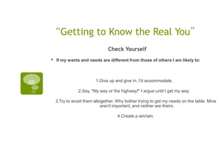 “Getting to Know the Real You”
                               Check Yourself
   If my wants and needs are different from those of others I am likely to:



                         1.Give up and give in. I'd accommodate.  

               2.Say, "My way or the highway!" I argue until I get my way.  

    3.Try to avoid them altogether. Why bother trying to get my needs on the table. Mine
                            aren't important, and neither are theirs.  

                                    4.Create a win/win.
 