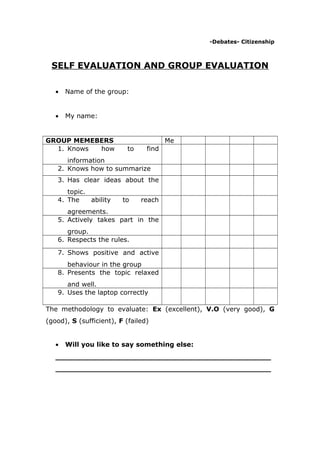 -Debates- Citizenship
SELF EVALUATION AND GROUP EVALUATION
•
Name of the group:
•
My name:
GROUP MEMEBERS
1. Knows
how
Me
to
find
information
2. Knows how to summarize
3. Has clear ideas about the
topic.
4. The
ability
to
reach
agreements.
5. Actively takes part in the
group.
6. Respects the rules.
7. Shows positive and active
behaviour in the group
8. Presents the topic relaxed
and well.
9. Uses the laptop correctly
The methodology to evaluate: Ex (excellent), V.O (very good), G
(good), S (sufficient), F (failed)
•
Will you like to say something else:
_______________________________________________
_______________________________________________