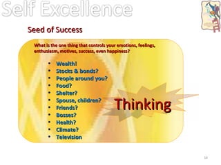 What is the one thing that controls your emotions, feelings, enthusiasm, motives, success, even happiness? Wealth! Stocks & bonds? People around you? Food? Shelter? Spouse, children? Friends? Bosses? Health? Climate? Television Seed of Success Thinking 