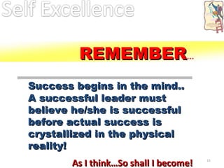 Success begins in the mind.. A successful leader must believe he/she is successful before actual success is crystallized in the physical reality! As I think…So shall I become! REMEMBER … 