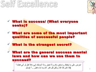 What is success/ (What everyone seeks)? What are some of the most important qualities of successful people? What is the strangest secret? What are the general success mental laws and how can we use them to succeed? ” احرص على ما ينفعك ,  واستعن بالله ,  ولا تعجز ,  و إذا أصابك شيء فلا تقل لو أني فعلت كذا كان كذا كذا ,  ولكن قل :  قدر الله وما شاء فعل , ...” ( مسلم ) 