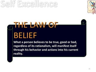 THE LAW OF BELIEF What a person believes to be true, good or bad, regardless of its rationalism, will manifest itself through his behavior and actions into his current reality. 