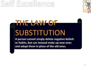 THE LAW OF SUBSTITUTION A person cannot simply delete negative beliefs or habits, but can instead make up new ones and adopt them in place of the old ones. 