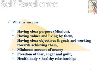 What is success Having clear purpose (Mission), Having values and living by them, Having clear objectives & goals and working towards achieving them, Minimum amount of money Freedom of fear, anger and guilt, Health body / healthy relationships 