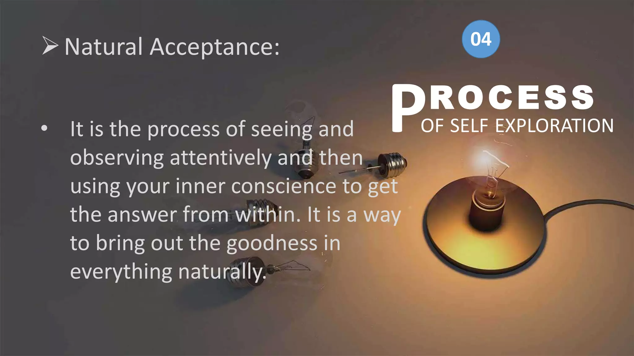 Natural Acceptance:
• It is the process of seeing and
observing attentively and then
using your inner conscience to get
the answer from within. It is a way
to bring out the goodness in
everything naturally.
ROCESS
OF SELF EXPLORATION
P
04
 