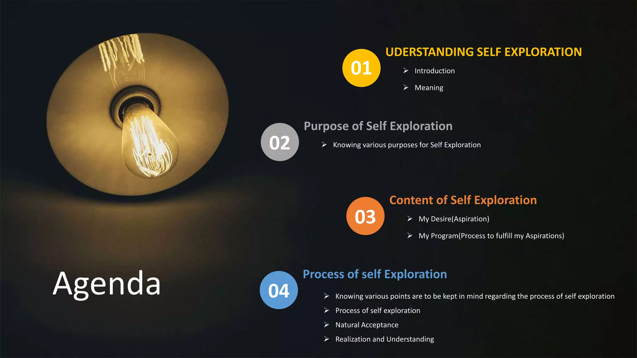 Agenda
01
UDERSTANDING SELF EXPLORATION
 Introduction
 Meaning
02
Purpose of Self Exploration
 Knowing various purposes for Self Exploration
03
Content of Self Exploration
 My Desire(Aspiration)
 My Program(Process to fulfill my Aspirations)
04
Process of self Exploration
 Knowing various points are to be kept in mind regarding the process of self exploration
 Process of self exploration
 Natural Acceptance
 Realization and Understanding
 