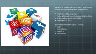 Benefits of Workplace Social Media Tools in the
workplace for Administrative Professionals
 Professional Development
 Build & Strengthens Workplace Relationships
 Enhance Problem Solving Skills
 Boost Productivity
Barriers to Workplace Social Learning
• Fear
• Intimidation
• Conflicts
• Disruptions
 