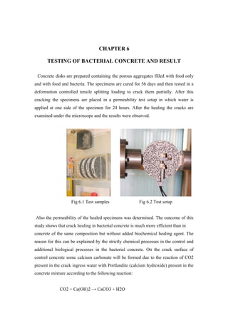 CHAPTER 6
TESTING OF BACTERIAL CONCRETE AND RESULT
Concrete disks are prepared containing the porous aggregates filled with food only
and with food and bacteria. The specimens are cured for 56 days and then tested in a
deformation controlled tensile splitting loading to crack them partially. After this
cracking the specimens are placed in a permeability test setup in which water is
applied at one side of the specimen for 24 hours. After the healing the cracks are
examined under the microscope and the results were observed.
Fig 6.1 Test samples Fig 6.2 Test setup
Also the permeability of the healed specimens was determined. The outcome of this
study shows that crack healing in bacterial concrete is much more efficient than in
concrete of the same composition but without added biochemical healing agent. The
reason for this can be explained by the strictly chemical processes in the control and
additional biological processes in the bacterial concrete. On the crack surface of
control concrete some calcium carbonate will be formed due to the reaction of CO2
present in the crack ingress water with Portlandite (calcium hydroxide) present in the
concrete mixture according to the following reaction:
CO2 + Ca(OH)2 → CaCO3 + H2O
 