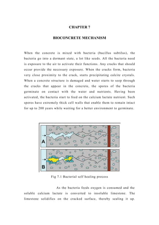 CHAPTER 7
BIOCONCRETE MECHANISM
When the concrete is mixed with bacteria (bacillus subtilus), the
bacteria go into a dormant state, a lot like seeds. All the bacteria need
is exposure to the air to activate their functions. Any cracks that should
occur provide the necessary exposure. When the cracks form, bacteria
very close proximity to the crack, starts precipitating calcite crystals.
When a concrete structure is damaged and water starts to seep through
the cracks that appear in the concrete, the spores of the bacteria
germinate on contact with the water and nutrients. Having been
activated, the bacteria start to feed on the calcium lactate nutrient. Such
spores have extremely thick cell walls that enable them to remain intact
for up to 200 years while waiting for a better environment to germinate.
Fig 7.1 Bacterial self healing process
As the bacteria feeds oxygen is consumed and the
soluble calcium lactate is converted to insoluble limestone. The
limestone solidifies on the cracked surface, thereby sealing it up.
 