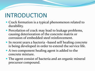  Crack formation is a typical phenomenon related to
durability.
 Percolation of crack may lead to leakage problems,
causing deterioration of the concrete matrix or
corrosion of embedded steel reinforcement.
 In recent years a bacteria –based self healing concrete
is being developed in order to extend the service life.
 A two component healing agent is added to the
concrete mixture.
 The agent consist of bacteria and an organic mineral
precursor compound.
INTRODUCTION
 