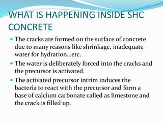 WHAT IS HAPPENING INSIDE SHC
CONCRETE
 The cracks are formed on the surface of concrete
due to many reasons like shrinkage, inadequate
water for hydration…etc.
 The water is deliberately forced into the cracks and
the precursor is activated.
 The activated precursor intrim induces the
bacteria to react with the precursor and form a
base of calcium carbonate called as limestone and
the crack is filled up.
 