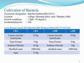 Cultivation of Bacteria
Taxonomic designation - Bacillus Subtilis(MCC2511)
Location - village: Marnang leikai, state: Manipur, India
Growth conditions - 7.0ph / 42 degree C
Incubation(days/h) - 24h
Luria Bertani Agar(LBA)/Broth(LBB) Medium,Miller(M1151/M1245)
13
LBA LBA LBB LBB
Casein enzymic
hydrolysate
10.0g Casein enzymic
hydrolysate
10.0g
Yeast Extract 5.0g Yeast Extract 5.0g
Sodium Chloride 10.0g Sodium Chloride 10g
Distilled water 1000.0ml distilled water 1000.0ml
Agar 15.0g
 