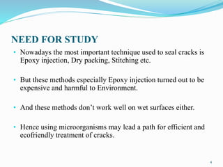 NEED FOR STUDY
• Nowadays the most important technique used to seal cracks is
Epoxy injection, Dry packing, Stitching etc.
• But these methods especially Epoxy injection turned out to be
expensive and harmful to Environment.
• And these methods don’t work well on wet surfaces either.
• Hence using microorganisms may lead a path for efficient and
ecofriendly treatment of cracks.
4
 