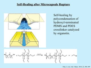 Self-Healing after Microcapsule Rupture


                          Self-healing by
                          polycondensation of
                          hydroxyl-terminated
                          PDMS and PDES
                          crosslinker catalyzed
                          by organotin.




                                 Park, J. et al. Adv. Mater. 2010, 22, 496–499
 