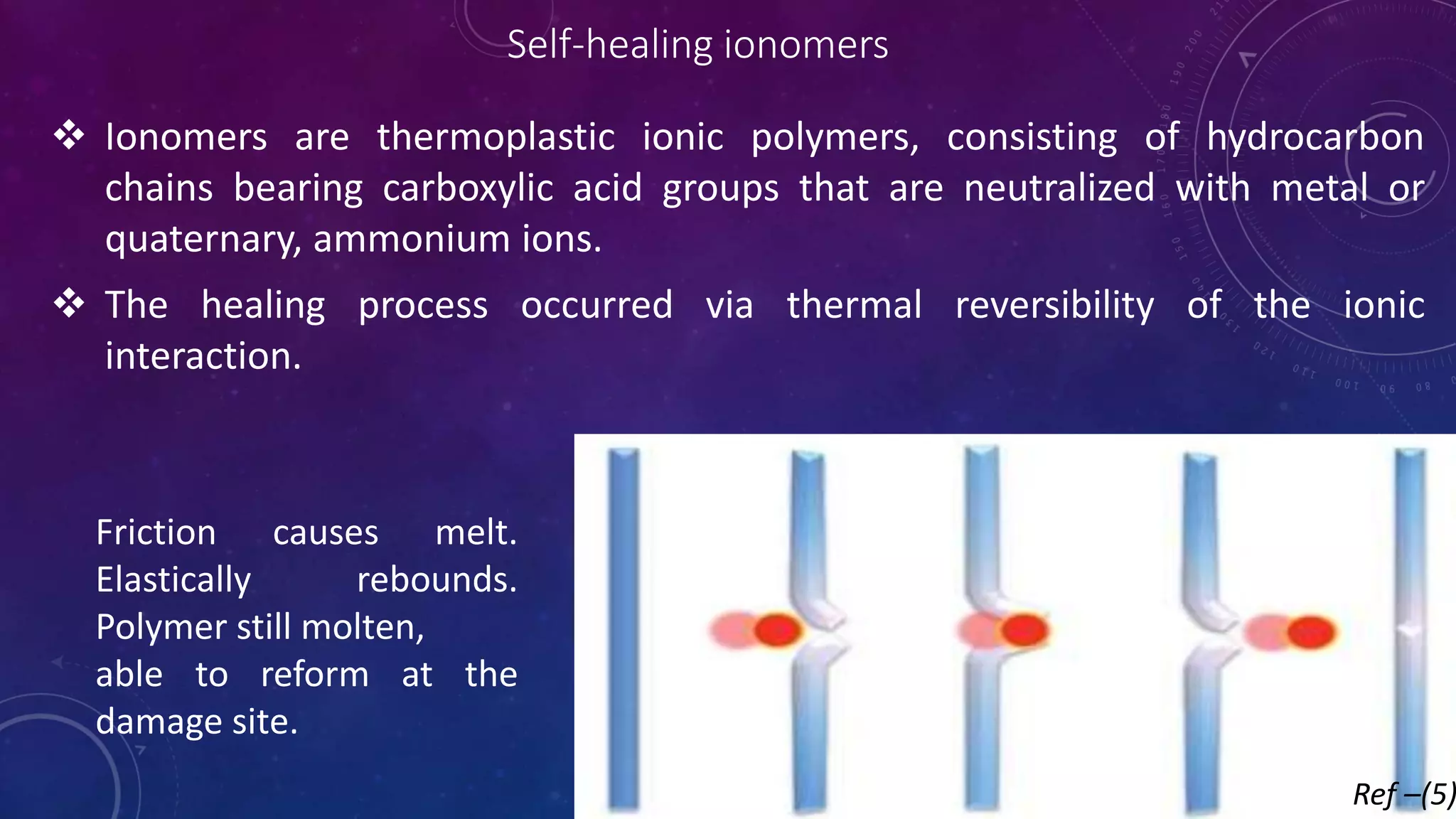 Self-healing ionomers
 Ionomers are thermoplastic ionic polymers, consisting of hydrocarbon
chains bearing carboxylic acid groups that are neutralized with metal or
quaternary, ammonium ions.
 The healing process occurred via thermal reversibility of the ionic
interaction.
Friction causes melt.
Elastically rebounds.
Polymer still molten,
able to reform at the
damage site.
Ref –(5)
 