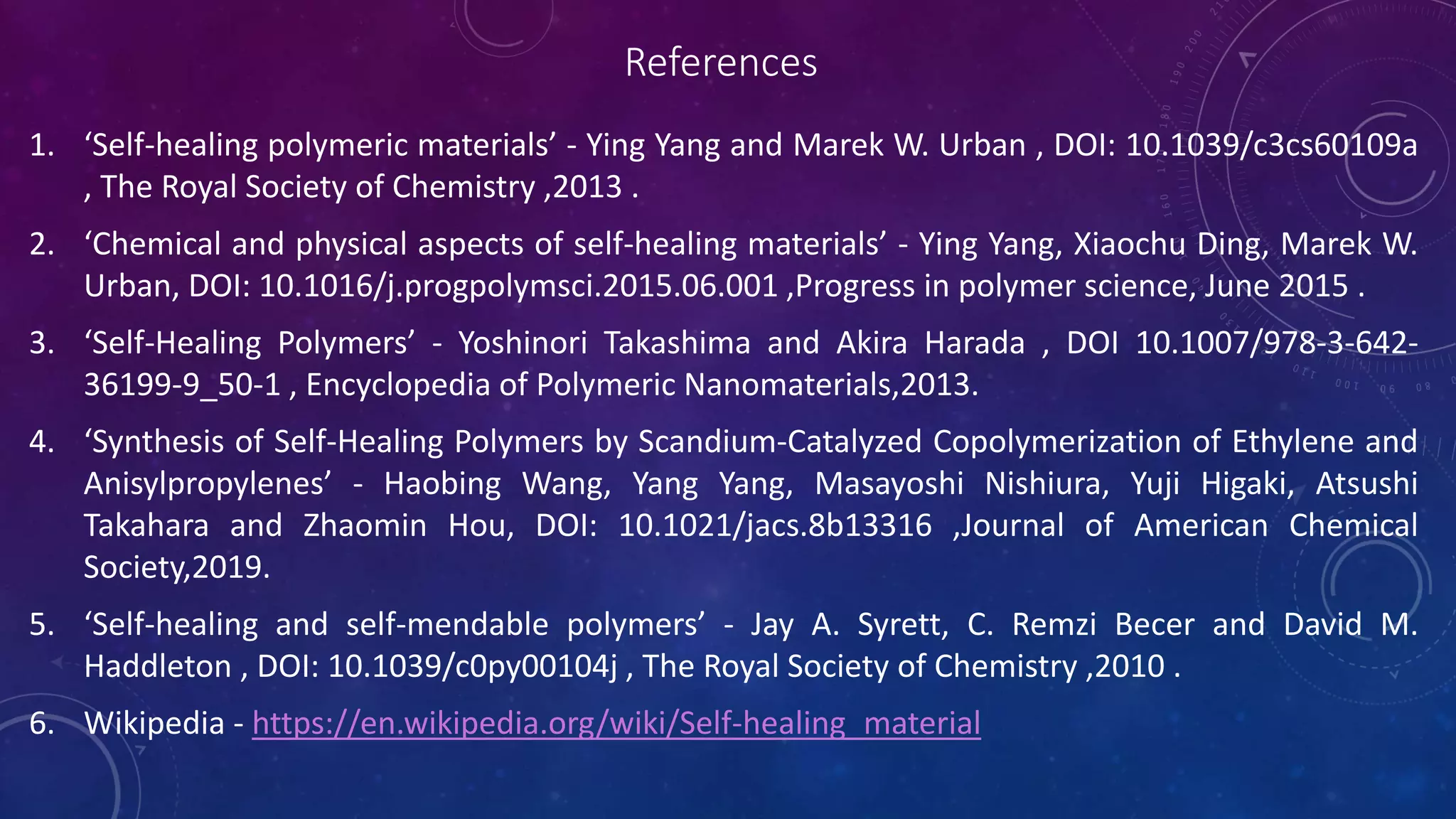 References
1. ‘Self-healing polymeric materials’ - Ying Yang and Marek W. Urban , DOI: 10.1039/c3cs60109a
, The Royal Society of Chemistry ,2013 .
2. ‘Chemical and physical aspects of self-healing materials’ - Ying Yang, Xiaochu Ding, Marek W.
Urban, DOI: 10.1016/j.progpolymsci.2015.06.001 ,Progress in polymer science, June 2015 .
3. ‘Self-Healing Polymers’ - Yoshinori Takashima and Akira Harada , DOI 10.1007/978-3-642-
36199-9_50-1 , Encyclopedia of Polymeric Nanomaterials,2013.
4. ‘Synthesis of Self-Healing Polymers by Scandium-Catalyzed Copolymerization of Ethylene and
Anisylpropylenes’ - Haobing Wang, Yang Yang, Masayoshi Nishiura, Yuji Higaki, Atsushi
Takahara and Zhaomin Hou, DOI: 10.1021/jacs.8b13316 ,Journal of American Chemical
Society,2019.
5. ‘Self-healing and self-mendable polymers’ - Jay A. Syrett, C. Remzi Becer and David M.
Haddleton , DOI: 10.1039/c0py00104j , The Royal Society of Chemistry ,2010 .
6. Wikipedia - https://en.wikipedia.org/wiki/Self-healing_material
 