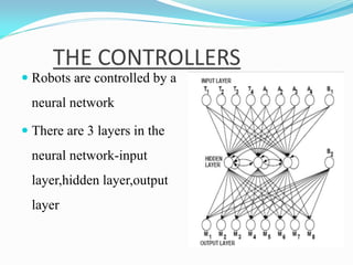 THE CONTROLLERS
 Robots are controlled by a
neural network
 There are 3 layers in the
neural network-input
layer,hidden layer,output
layer
 