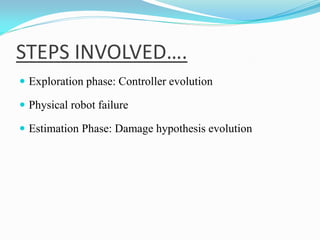 STEPS INVOLVED….
 Exploration phase: Controller evolution
 Physical robot failure
 Estimation Phase: Damage hypothesis evolution
 