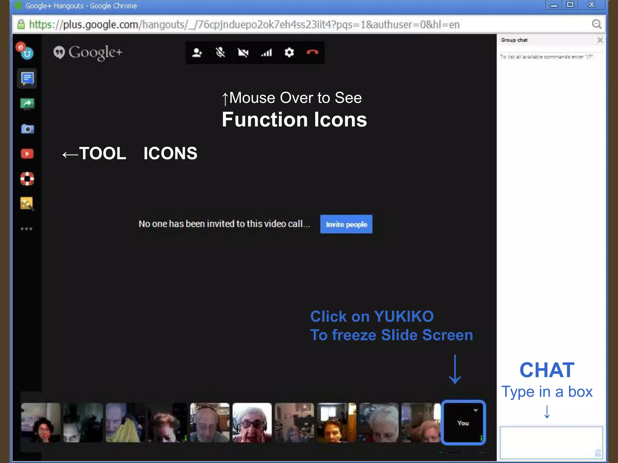 Your Screen should display like this!
CHAT
Type in a box
↓
←TOOL ICONS
↑Mouse Over to See
Function Icons
Click on YUKIKO
To freeze Slide Screen
↓
 