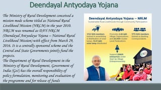 Deendayal Antyodaya Yojana
The Ministry of Rural Development conceived a
mission mode scheme titled as National Rural
Livelihood Mission (NRLM) in the year 2010.
NRLM was renamed as DAY-NRLM
(Deendayal Antyodaya Yojana – National Rural
Livelihood Mission) with effect from March 29,
2016. It is a centrally sponsored scheme and the
Central and State Governments jointly fund the
projects.
The Department of Rural Development in the
Ministry of Rural Development, Government of
India (GoI) has the overall responsibility of
policy formulation, monitoring and evaluation of
the programme and for release of funds
 