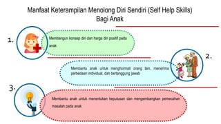 Manfaat Keterampilan Menolong Diri Sendiri (Self Help Skills)
Bagi Anak
1. Membangun konsep diri dan harga diri positif pada
anak
Membantu anak untuk menghormati orang lain, menerima
perbedaan individual, dan bertanggung jawab
2.
3.
Membantu anak untuk menentukan keputusan dan mengembangkan pemecahan
masalah pada anak
 